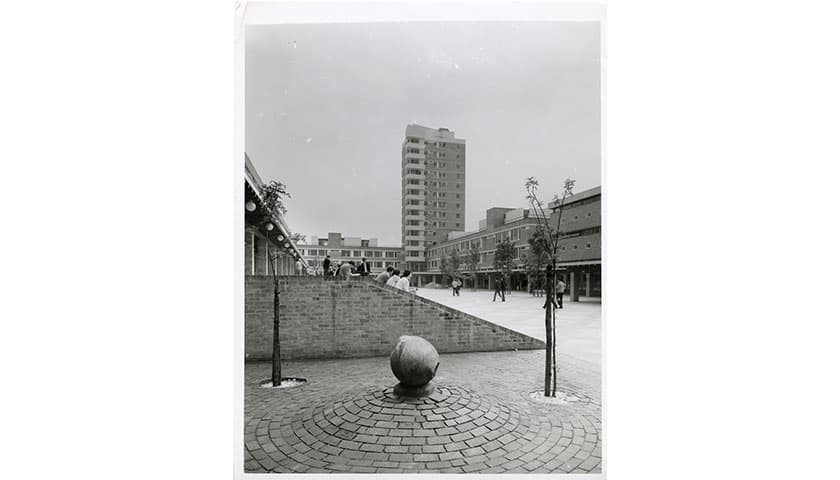 Black and white photograph of Alexander square and Bowland house tower in 1968
